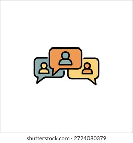 Tres burbujas de discurso con iconos de persona, que simbolizan la comunicación y la conversación.