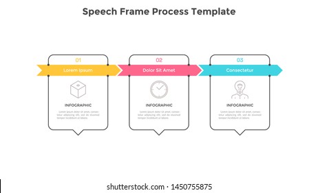 Three speech bubbles placed in horizontal row connected by arrows. Concept of 3 steps or stages of business strategy. Simple infographic design template. Flat vector illustration for progress bar.