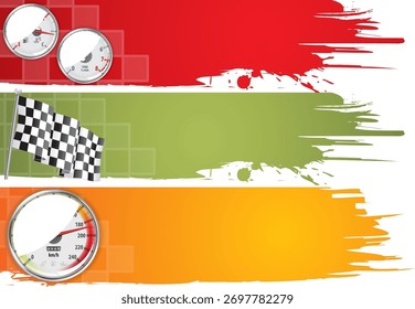 Three Speed Frame with Detailed Car Speedometer, Tachometer, Fuel and Temperature Gauges and Flag, vector