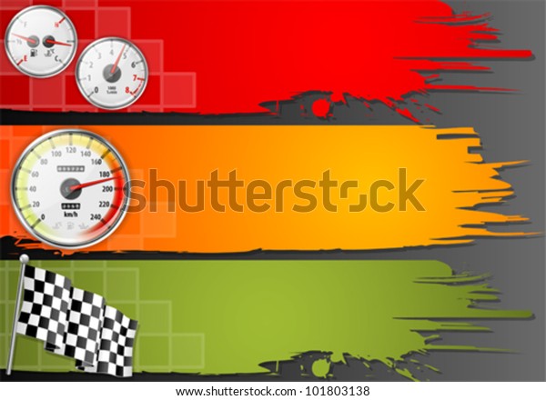 Three Speed Frame
with Detailed Car Speedometer, Tachometer, Fuel and Temperature
Gauges and Flag, vector