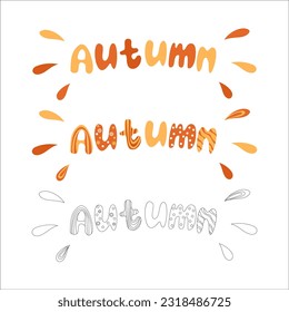 Three spellings of the word autumn with and without color, multi colored and black and white, lettering of the autumn season.