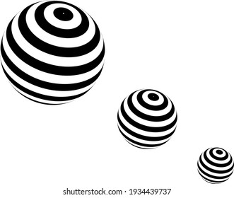 Three spheres with black stripes in progression over a white background. vector illustration