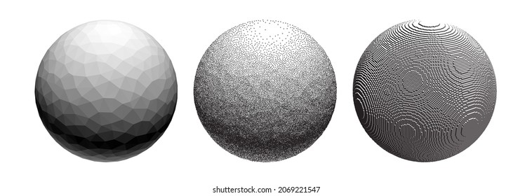 Three spheres with different effects: polygonal, voxel and stipple. Design elements. 3D vector illustration. 