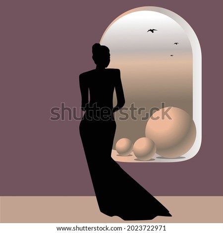 Three spheres rest on the frame of a window.  A woman looks through the window at approaching birds.