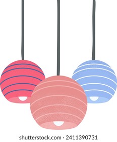 Three spherical striped hanging lamps in pink, blue, and red. Modern lighting fixtures design. Home decor and interior design vector illustration.
