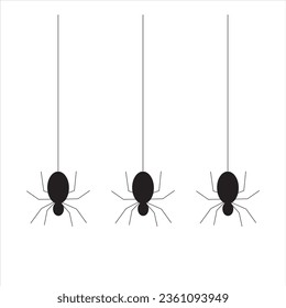 Three spiders hanging on a white background with copy space