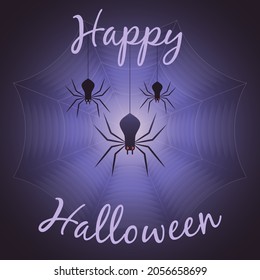 Three spiders - symbols of Halloween on the background of the cobweb. Vector illustration.