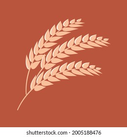 Three spikelets of wheat on a brown background. Nature print with crops for throw pillows, kitchen textiles. Growing organic products for baking bread. Vector.