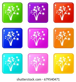 Three spiky palm trees icons of 9 color set isolated vector illustration