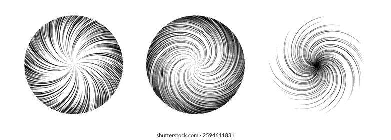 Three spin patterns rotation in manga comic style. Black concentric lines as a spinning vinyl record or rotating helicopter blades vector illustration. Teleport or whirlpool epicenter.