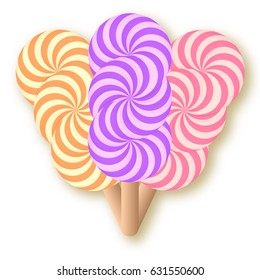 Three spiral candy on a stick . Vector illustration of striped lollipop on a pastel background.