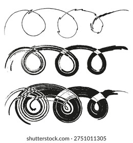 Three spiral shapes. Black line swirl. Dynamic curve Vector element. Rough brush stroke.