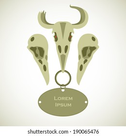Three spooky bird skulls, one with a broken horn and devilishly glowing eyes