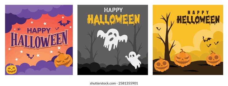 Three spooky Halloween themed illustrations.  Pumpkins, bats, ghosts and an eerie atmosphere are perfect for a Halloween themed event. Halloween concept. Set flat vector illustration.