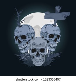 three spooky skulls. dark background with full moon