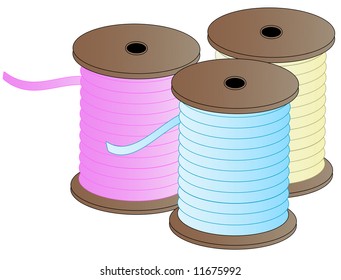 three spool of colorful sewing thread - pink, blue and yellow - vector