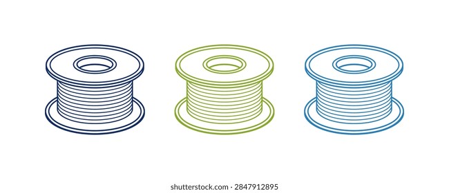 Three spools of wire are depicted in a clean illustration style with blue yellow and cyan colors.