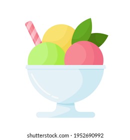 Three spoons of ice cream in bowl, decorated with mint leaves and sweet straw, isolated on white background. Strawberry, pistachio, vanilla ice cream. Simple color icon. Flat vector illustration 