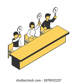 Three sport competition judges showing scores 3d isometric vector illustration