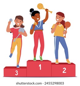 Tres Personajes De Chicas Deportivas Compartiendo Un Momento De Felicidad En El Podio, Cada Uno Con Un Trofeo. Los niños ruedan sobre el pedestal, celebran la victoria, la gloria y el triunfo. Ilustración vectorial de Personas de dibujos animados