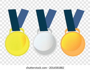 Three sports medals. Champion Gold, Silver and Bronze Medal with Red Ribbon Icon Sign First, Secondand Third Place Collection Set Isolated on White Background. Vector Illustration EPS10