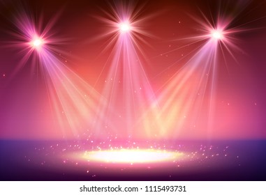 Three Spotlight on stage with smoke and light. Vector illustration.