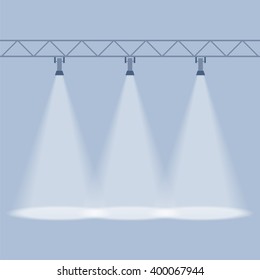 Three spotlights shines down  isolated on blue background. Illuminated rays background. Design element. Vector illustration, EPS 10.