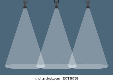 Three spotlights shining down. Illuminated rays background. Design element. Vector illustration, EPS 10.