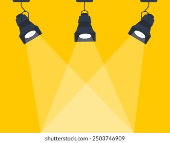 Three spotlights are shining on a bright yellow background, creating a dramatic and captivating scene