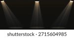 Three spotlights with volumetric beams shining on a dark floor. Stage lighting effect with light rays. Editable vector illustration.