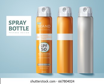 three spray bottles, two blank and one for sunscreen spray package design use, isolated light blue background 3d illustration 