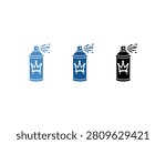 Three spray paint cans in different colors with a crown logo and spray effect