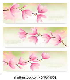 Tres carteles de primavera con brunch de flores rosadas en flor. Vector