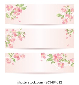 Drei Frühlingsbanner mit Kirschblüten Blumen mit Blättern, Sakura, für Ihr Design. Vektor.