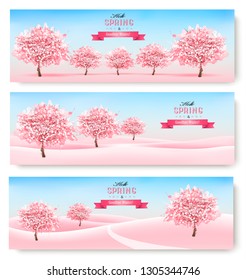 Three spring banners with pink cherry blossom trees and landscape. Vector.