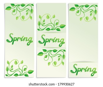 Three Spring green leaves banners with free place for text message. Vector illustration