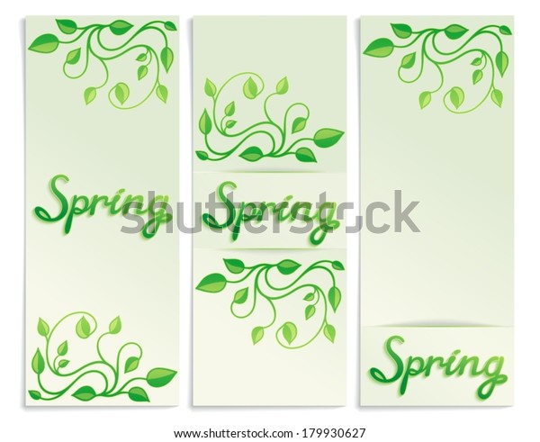 Three Spring green leaves banners
with free place for text message. Vector
illustration