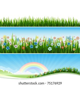 Three Spring or Summer banners with grass, flowers and sun. Vector