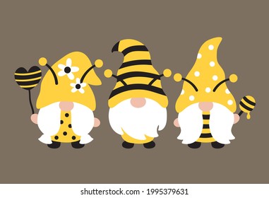 Tres gnomos de abeja de primavera y verano en ilustración vectorial del traje de abeja de tira y polika dot.