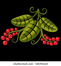 Three spring or summer leaves simple vector icon, nature and gardening theme illustration. Stylized tree green leaf with tendrils and red seeds, botany and vegetarian design element.
