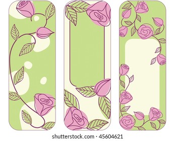 Three springtime hand drawn vertical banners with roses (EPS10); a JPG version is also available