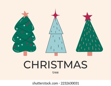 Three spruces decorated with a star. Isolated image of Christmas trees