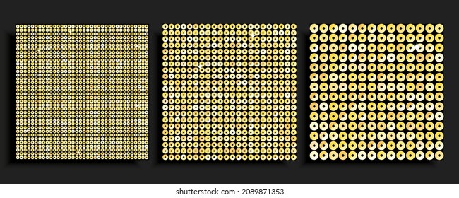 Tres fondo cuadrado de las secuencias de oro, los brillo, los destellos, las pastillas. Afiche de lujo vectorial con secuencias brillantes, puntos de degradado de brillo. Mosaico circular luminoso de plantilla para discoteca festiva