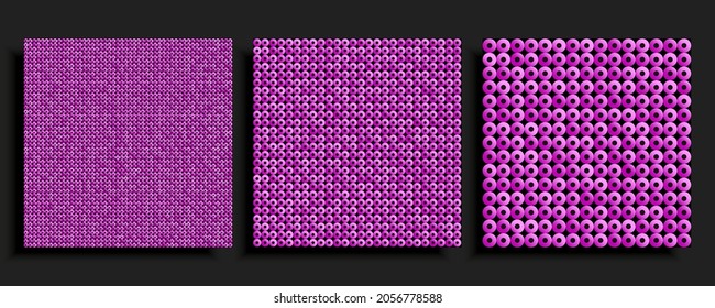 Three square background from pink sequins, glitters, sparkles. Vector luxury poster with sparkling sequins, glitter gradient dots. Template bright circle mosaic for festive holiday disco