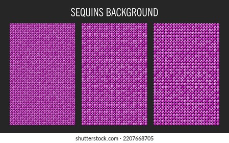 Three square background from pink sequins, glitters, sparkles, paillettes. Vector luxury poster with sparkling sequins, glitter gradient dots. Template bright circle mosaic for festive holiday disco