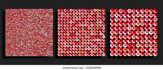 Three square background from red sequins, glitters, sparkles, paillettes. Vector luxury poster with sparkling sequins, glitter gradient dots. Template bright circle mosaic for festive holiday disco