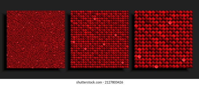 Three square background from red sequins, glitters, sparkles, paillettes. Vector luxury poster with sparkling sequins, glitter gradient dots. Template bright circle mosaic for festive holiday disco