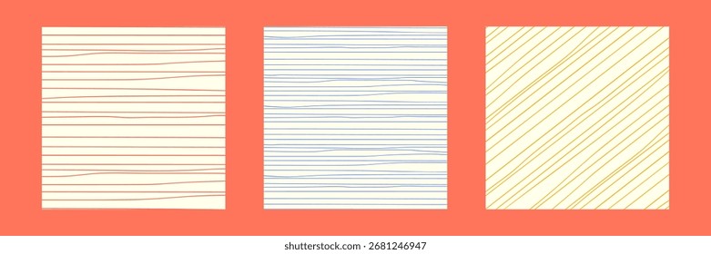 Three square backgrounds display light-colored surfaces with distinct striped patterns. Each design features unique color combinations, ideal for various creative applications.