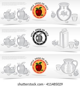 Three square banners of apple juice or drink product. Vector illustration with engraving style 