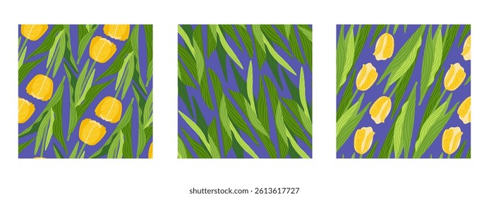 Three square botanical hand-drawn illustrations featuring various floral backgrounds with multiple tulips flowers and leaves. Ideal for banners, covers, greeting cards, invitations, posters, and other